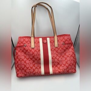 Coach Signature Stripe PVC Large Carryall Tote Bag F23049 Pink Red